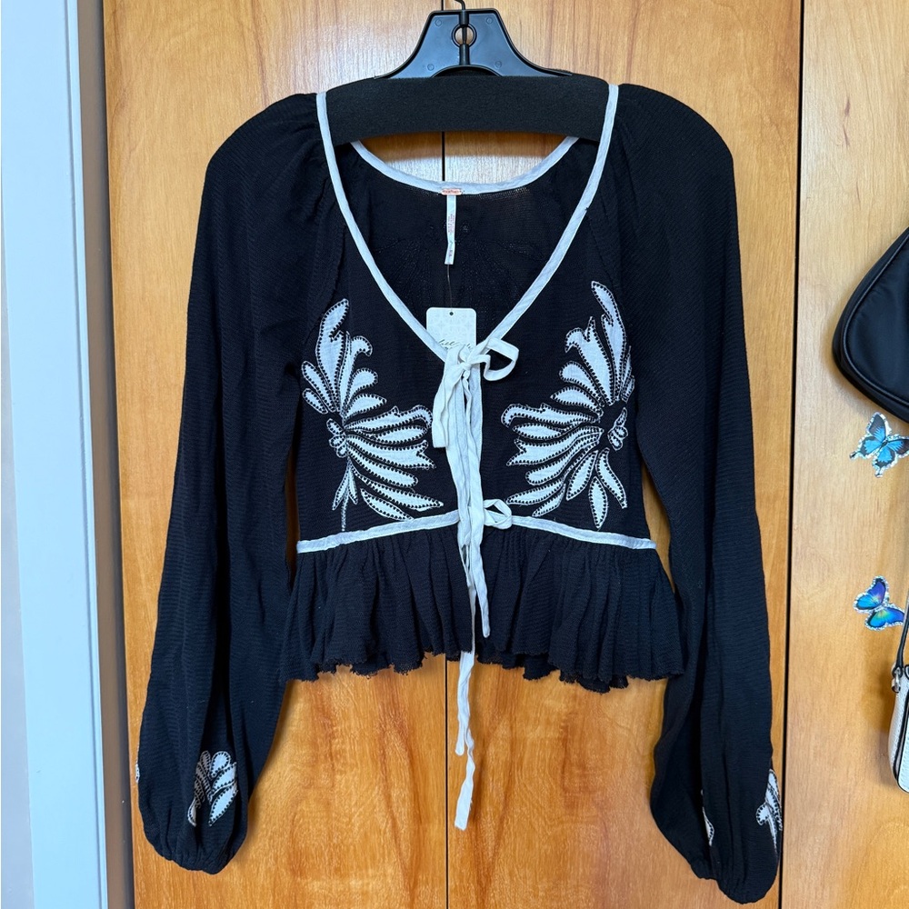 Free People Black Blouse with White Embroidery